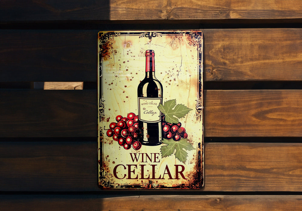 a metal sign with a bottle of wine on it