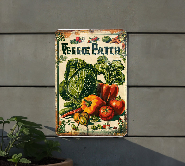 a vegetable patch sign hanging on the side of a building