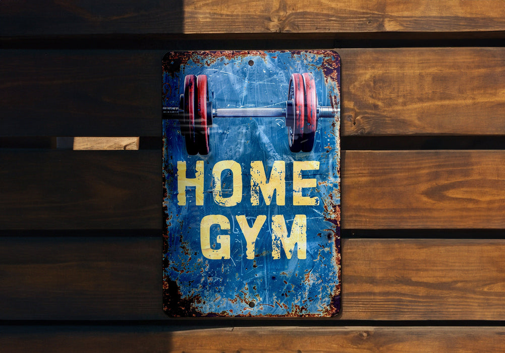 a sign that says home gym hanging on a wooden wall