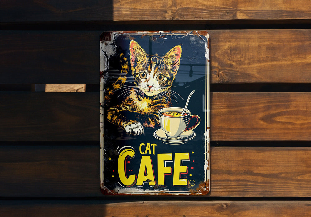 a metal sign with a cat sitting on top of a cup of coffee
