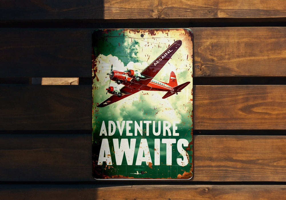 a sign on a wooden wall that says adventure awaits