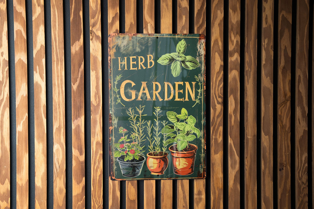 a herb garden sign hanging on a wooden wall