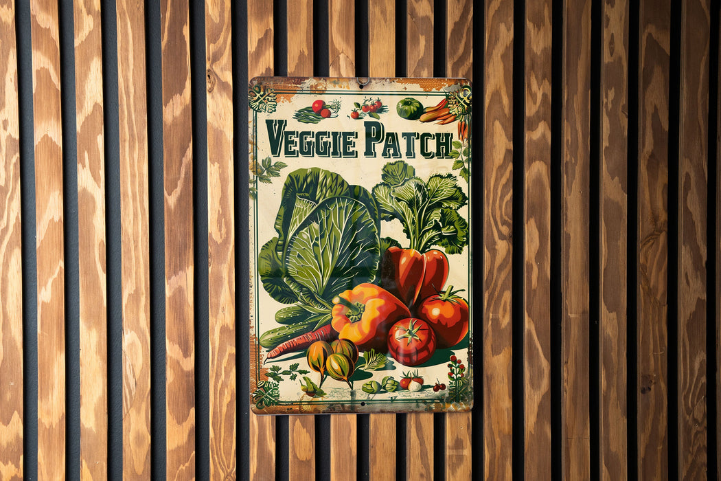 a vegetable patch sign hanging on a wooden wall