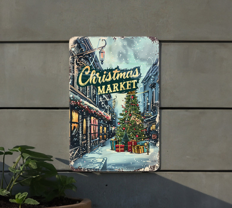 a christmas market sign hanging on the side of a building