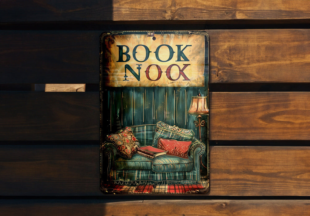 a picture of a book nook on a wooden wall