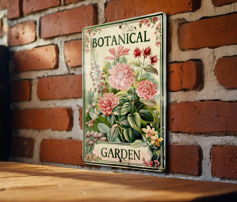 a picture of a botanical garden hanging on a brick wall