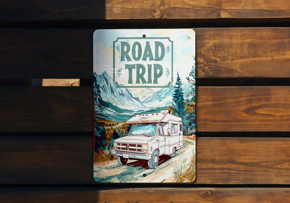 a road trip sign on a wooden bench