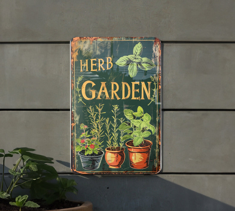 a herb garden sign hanging on the side of a building