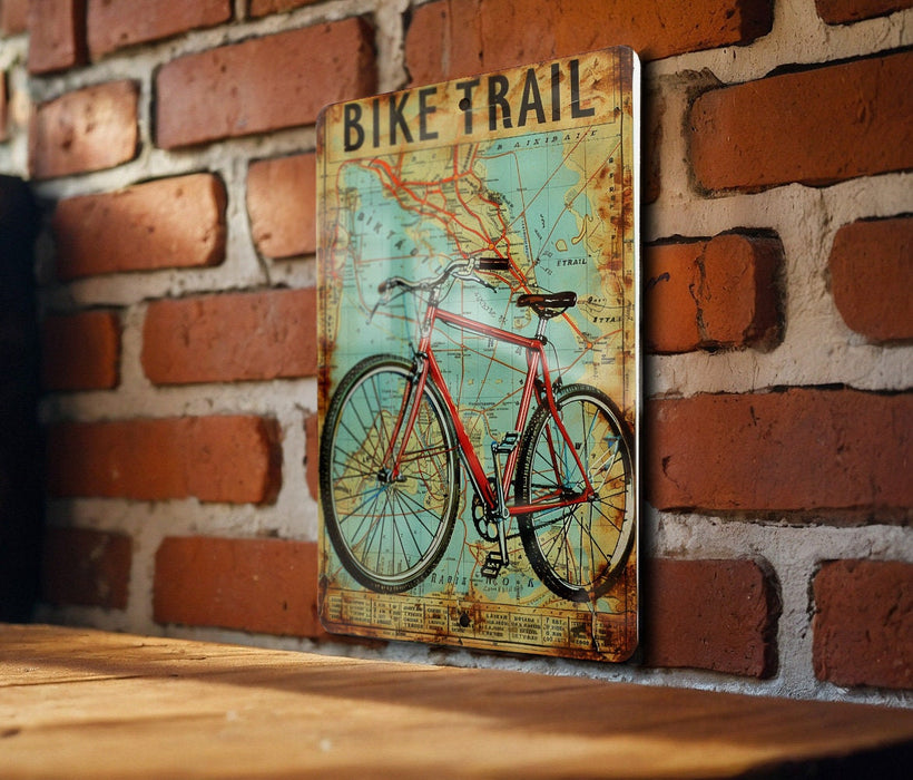 a bike trail sign on a brick wall