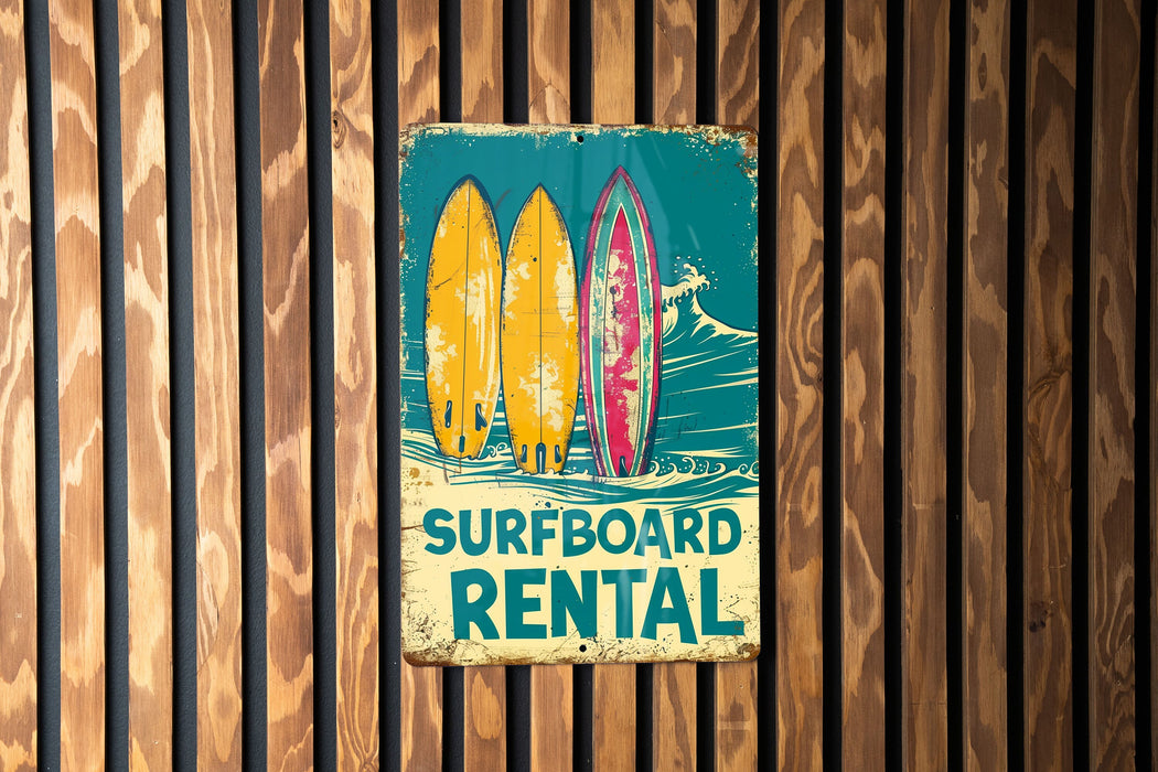 a surfboard rental sign on a wooden wall