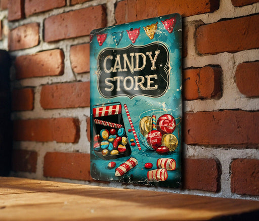 a candy store sign on a brick wall