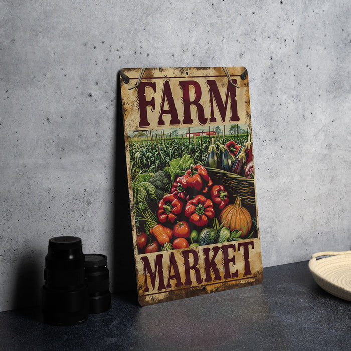 a sign on a table that says farm market