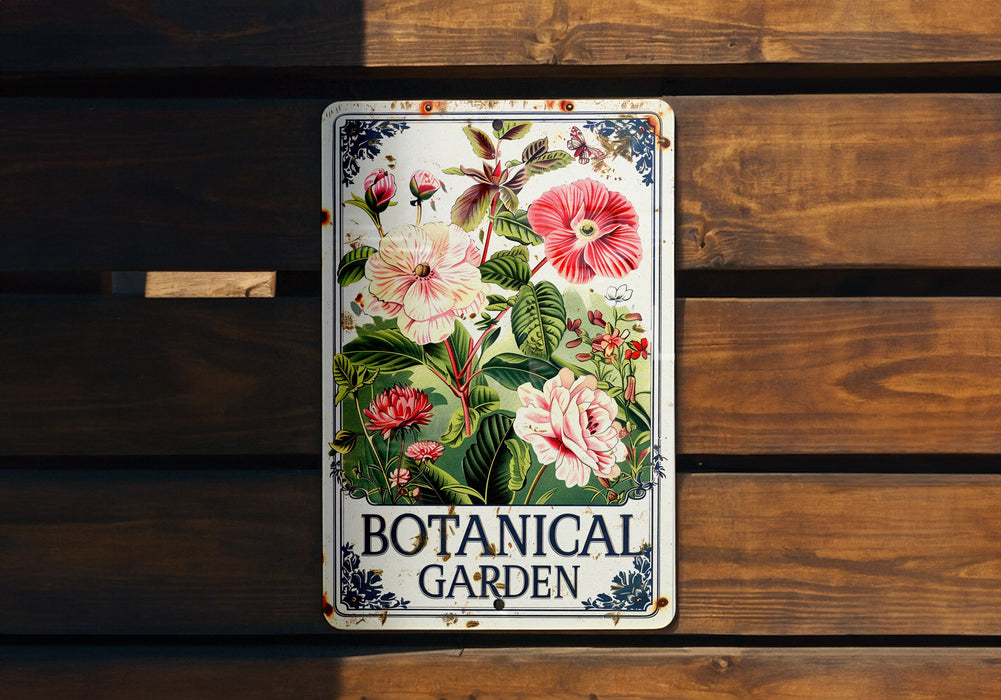 a botanical garden sign hanging on a wooden wall