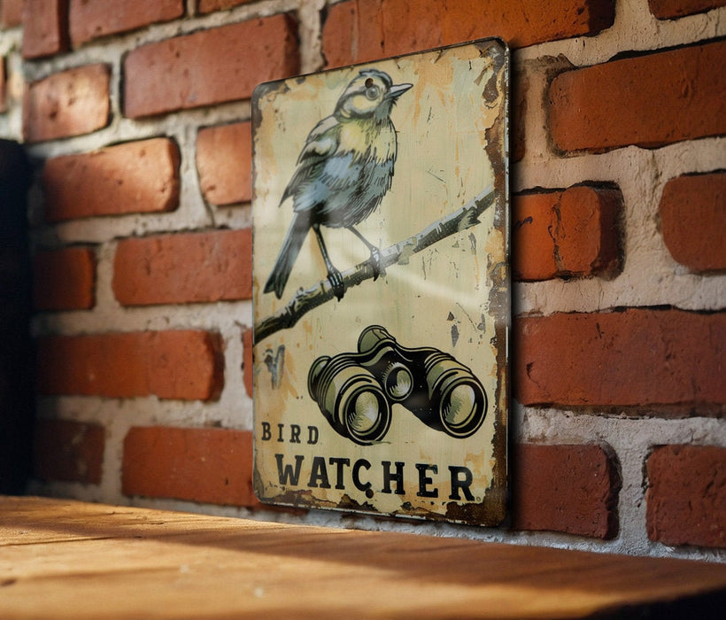 a bird sitting on top of a wooden table next to a brick wall