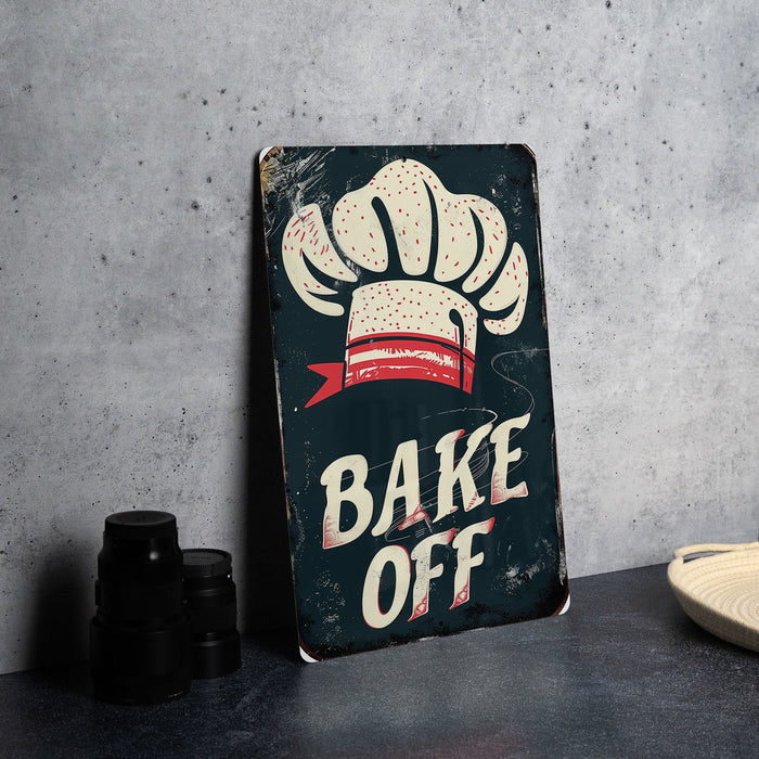 a sign that says bake off with a chef's hat on it