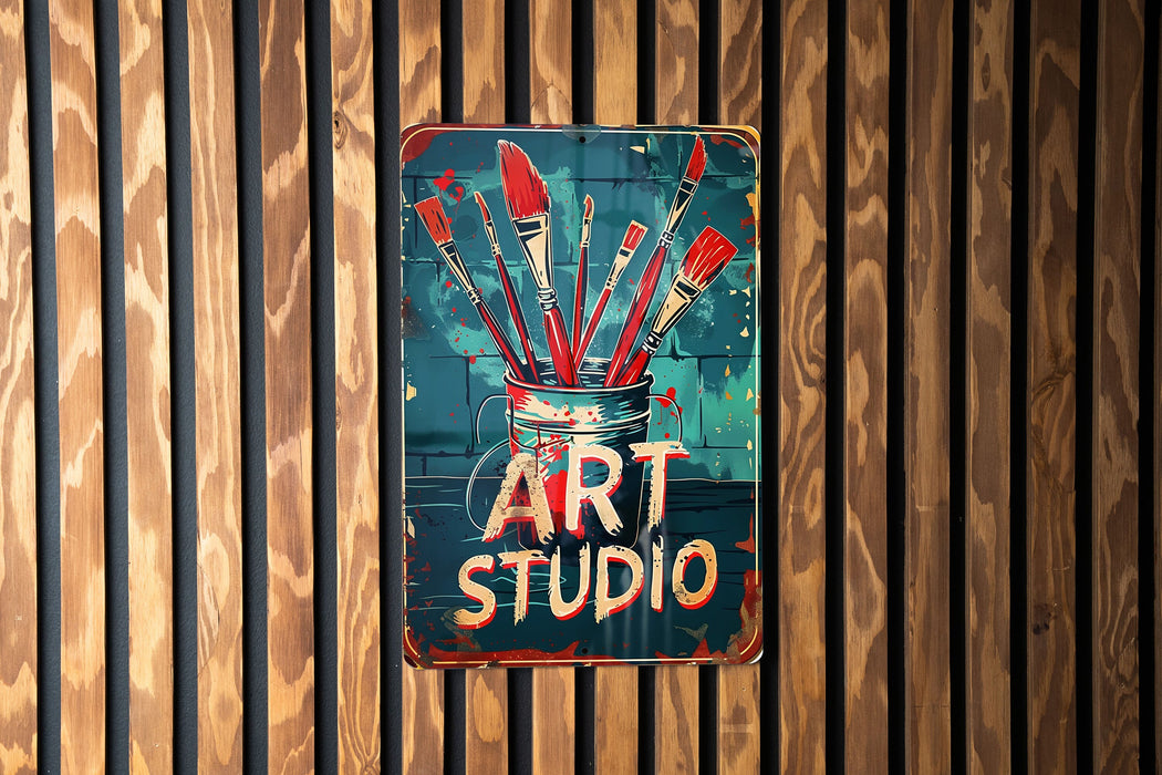 a sign on a wooden wall that says art studio