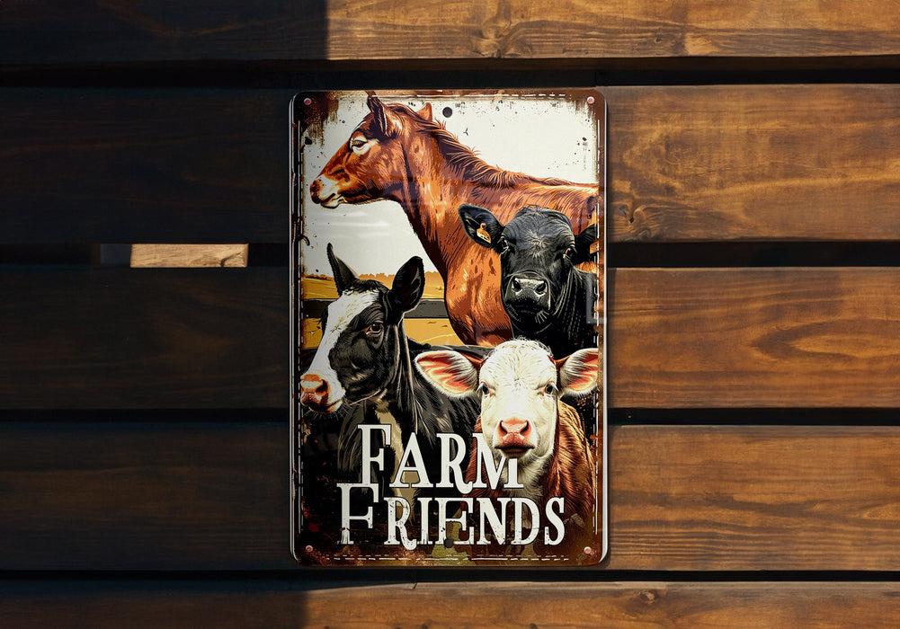 a metal sign that says farm friends on it