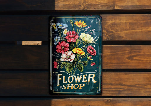 a flower shop sign hanging on a wooden wall