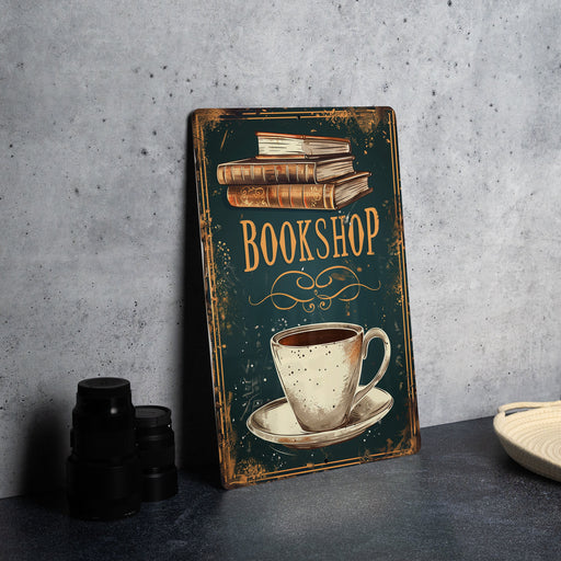 a book shop sign with a cup of coffee