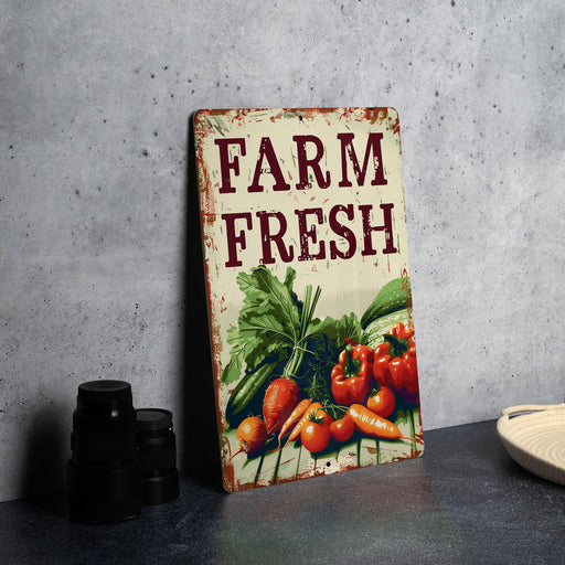 a sign that says farm fresh on a table