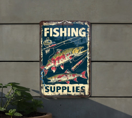 a fishing sign hanging on the side of a building