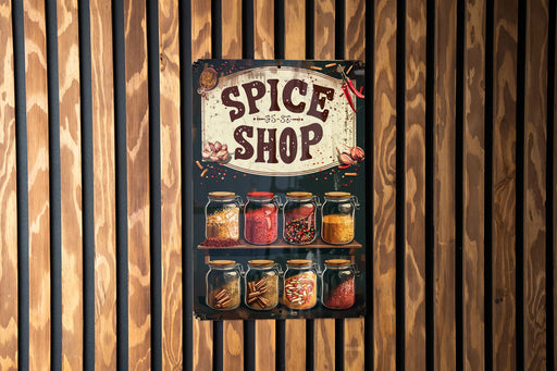 a spice shop sign hanging on a wooden wall