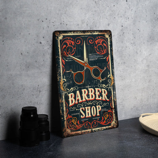 a barber shop sign with a pair of scissors on it