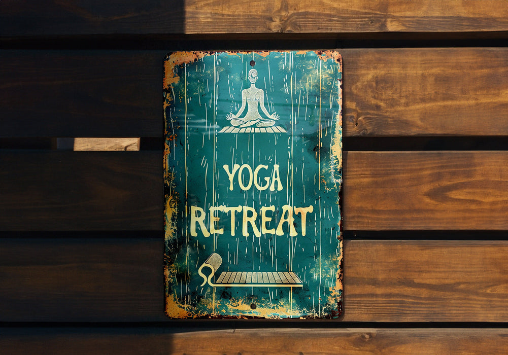 a sign on a wooden wall that says yoga retreat