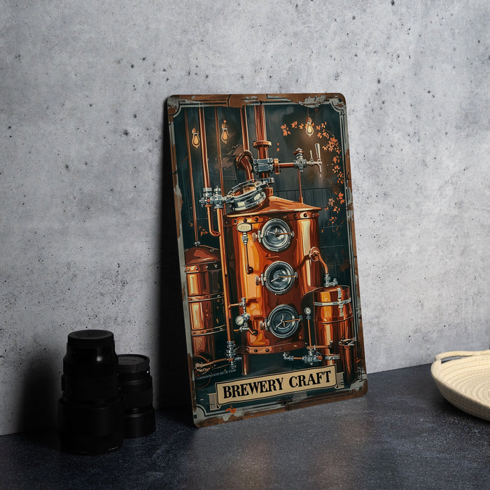 a metal sign with a picture of a brewery craft on it