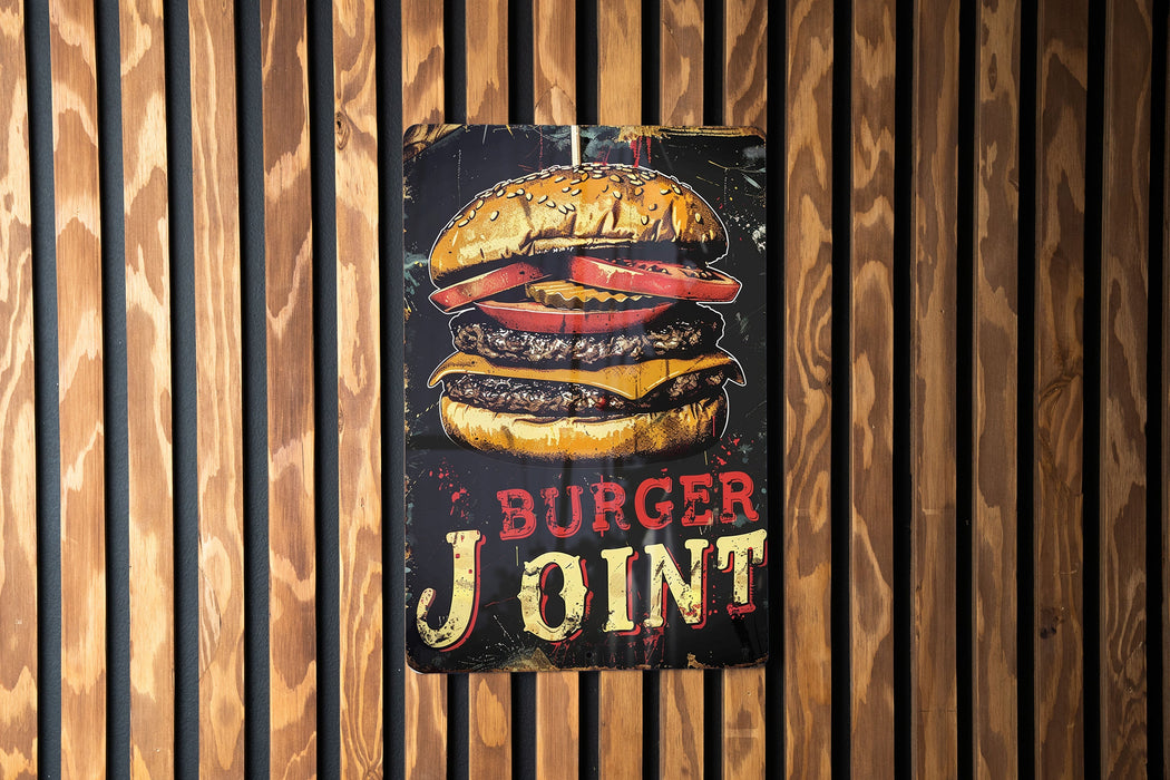 a sign on a wooden wall advertising a burger joint