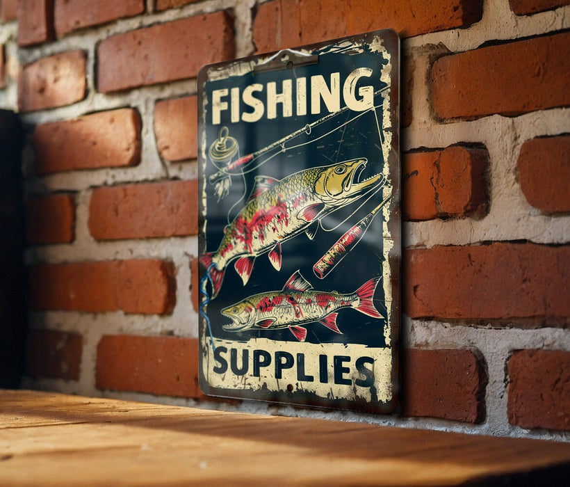 a sign on a brick wall that says fishing supplies