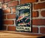 a sign on a brick wall that says fishing supplies