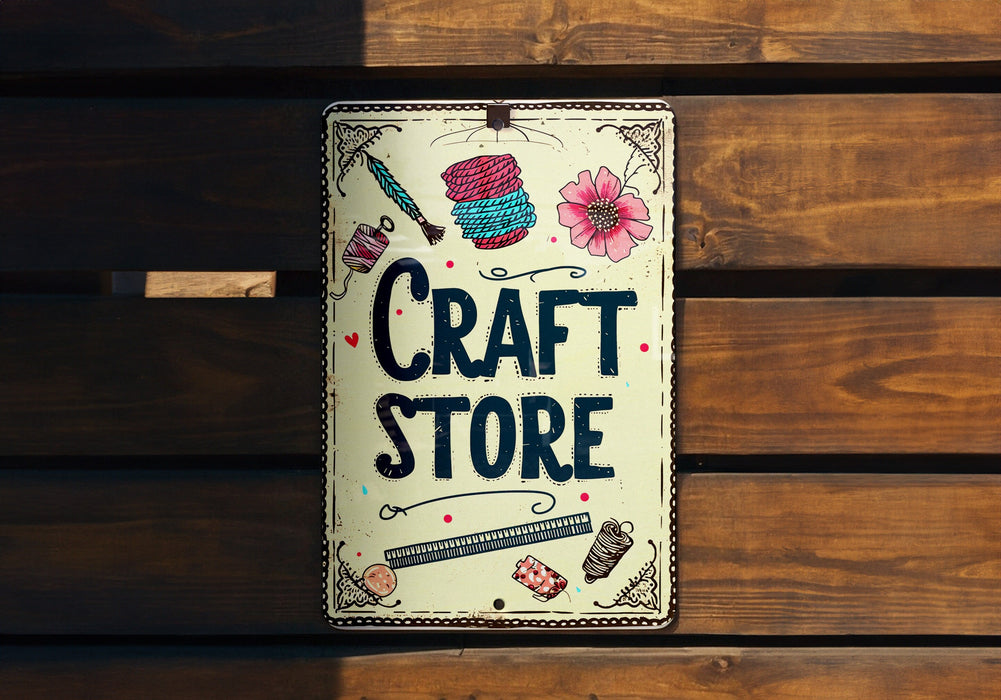 a sign that says craft store hanging on a wooden wall