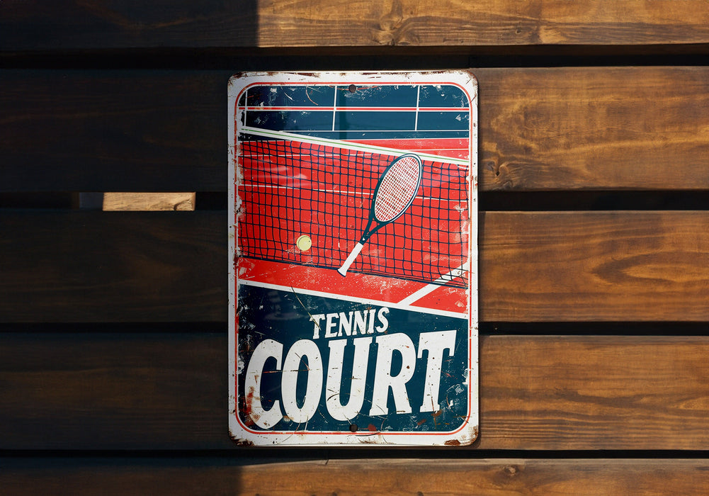 a tennis court sign on a wooden wall