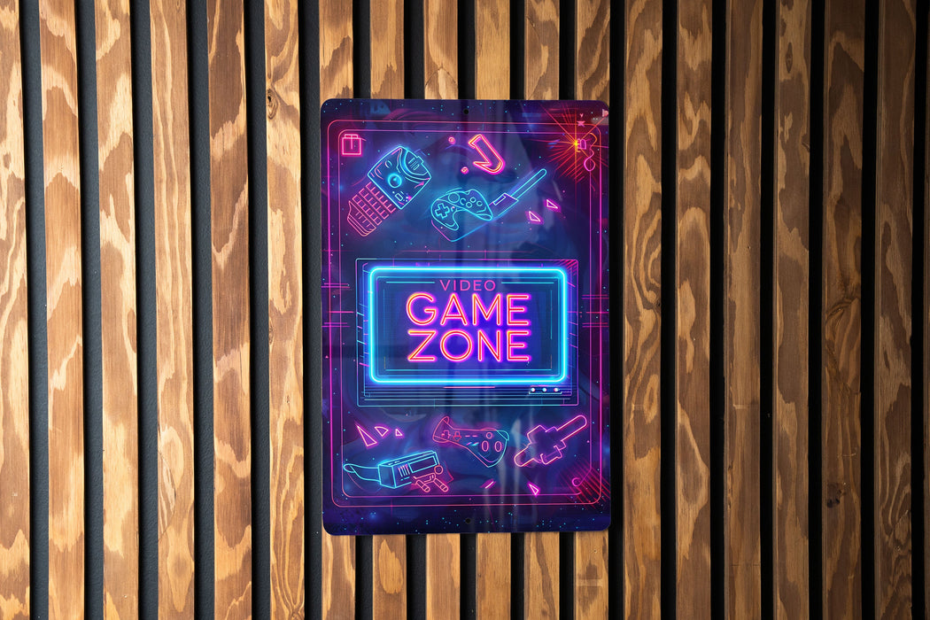a neon game zone sign on a wooden wall