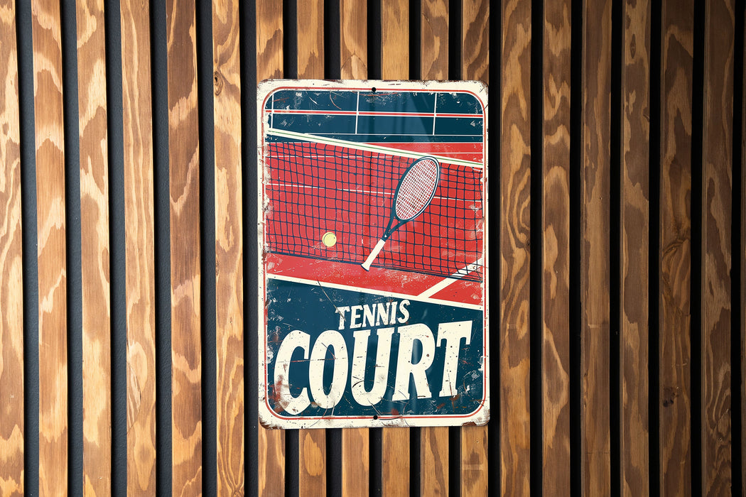 a tennis court sign on a wooden wall