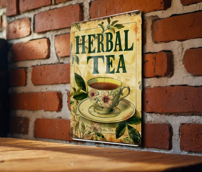 a sign on a brick wall with a cup of tea