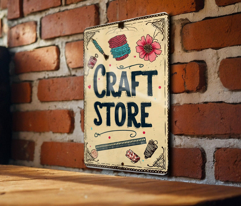 a sign on a brick wall that says craft store