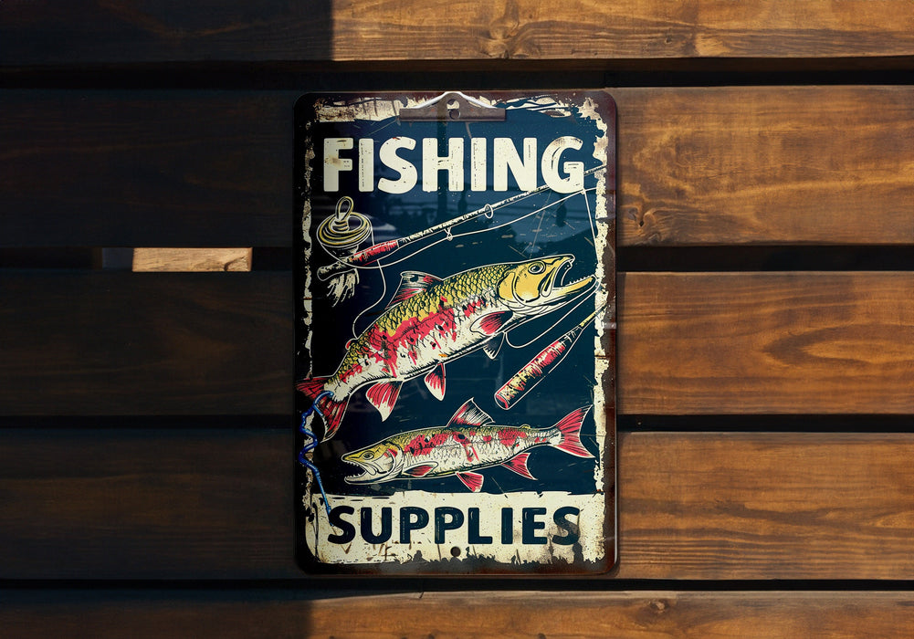 a fishing sign hanging on a wooden wall