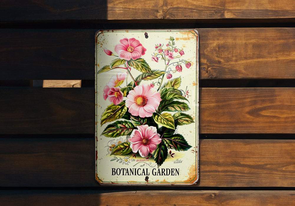 a wooden bench with a sign that says botanical garden