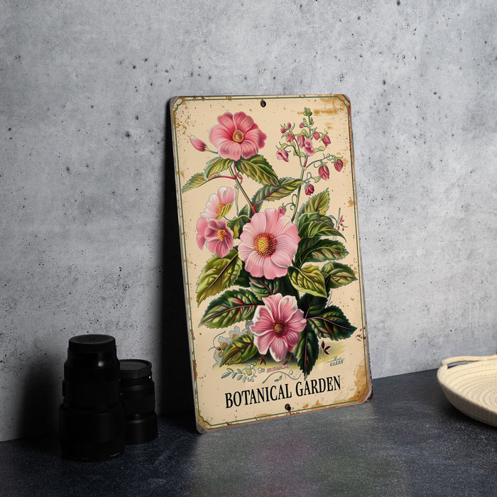 a vintage botanical garden sign with pink flowers