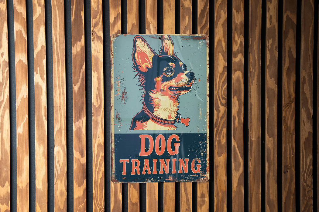 a dog training sign on a wooden wall