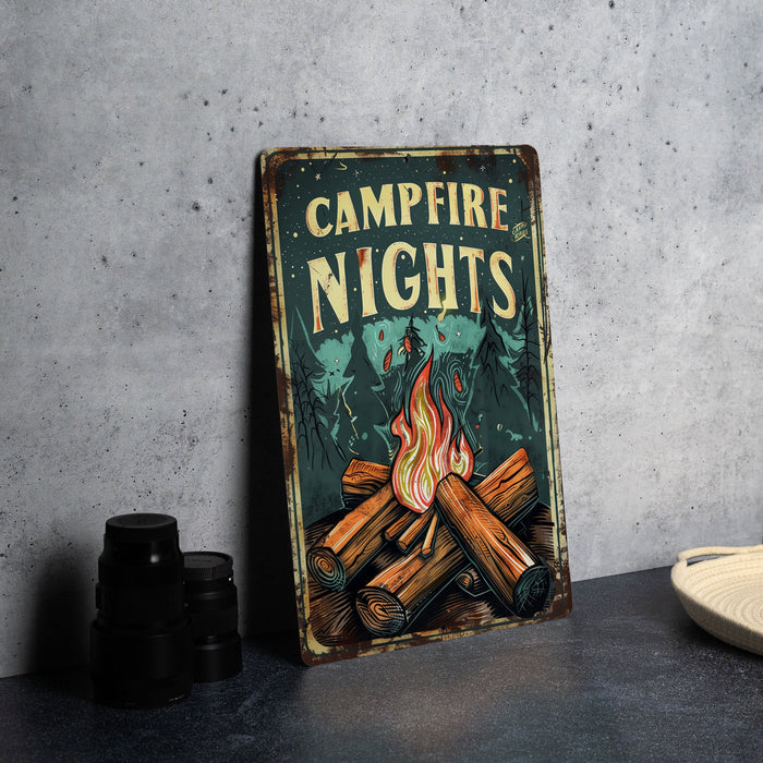 a campfire nights sign sitting on a table