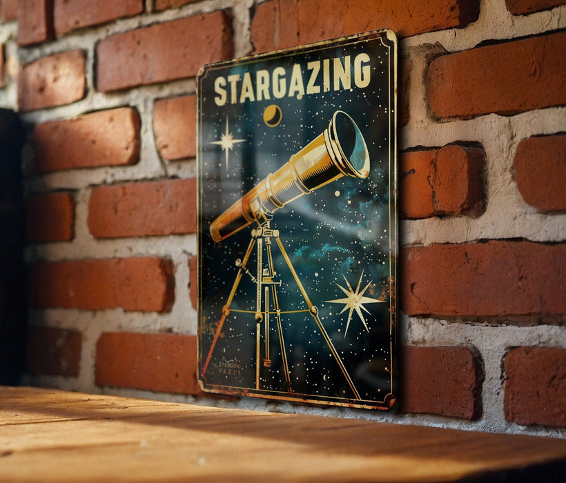 a picture of a telescope on a brick wall