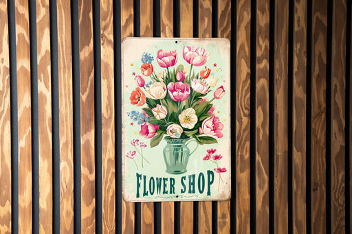 a flower shop sign hanging on a wooden wall