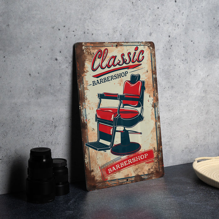 a vintage barber shop sign next to a pair of binoculars