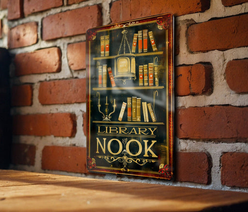 a sign on a brick wall that reads library nook