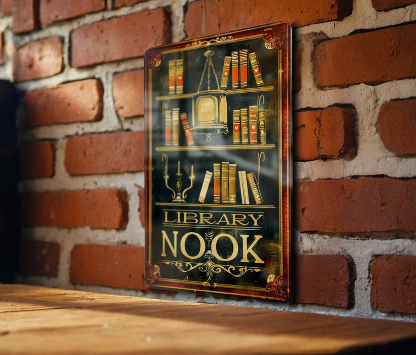 a sign on a brick wall that reads library nook