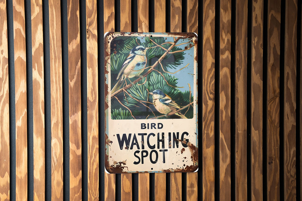 a bird watching spot sign on a wooden wall