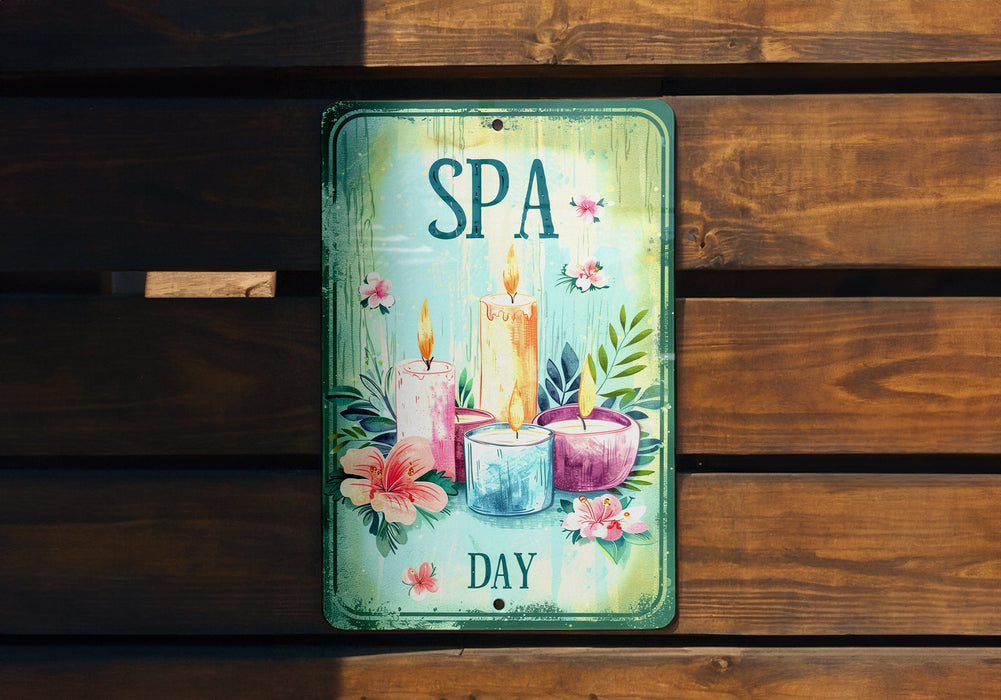 a sign that says spa day with candles and flowers